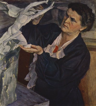Porträtt av sovjetisk skulptör med ett annat ansikte (med färg) av Mikhail Vasilievich Nesterov