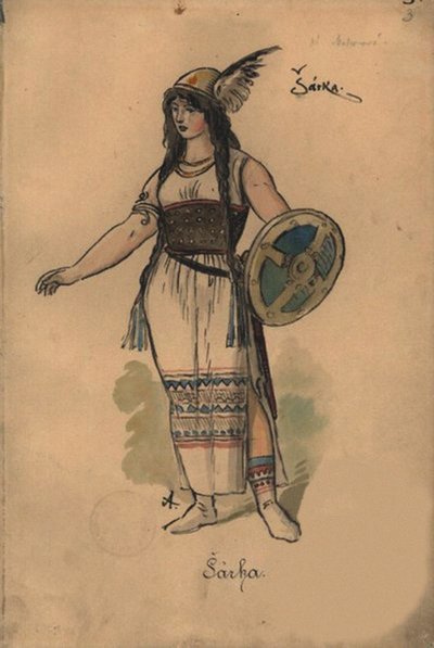 Sarka. Kostymdesign för operan Sarka av Zdenek Fibich, 1897. av Mikolas Ales