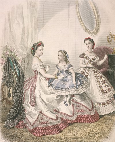 Två kvinnor och en liten flicka som bär det senaste inomhusmodet, c1860 av Millia Lacouriere