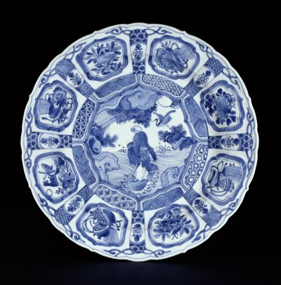 Blått och vitt kraakfat målat med Li Tieguai som korsar havet på en dubbel kalebass, Wanli-period, 1594-1610 (porslin) av Ming Dynasty Chinese School