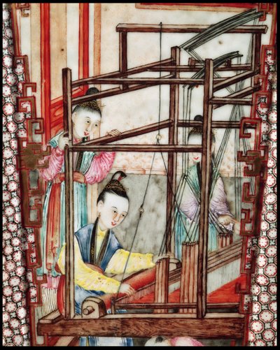 Detalj från en vas föreställande sidenvävning (keramik) av Ming Dynasty Chinese School