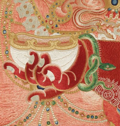 Detalj av kejserlig broderad siden-thangka av Ming Dynasty Chinese School