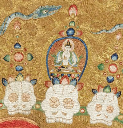Detalj av kejserlig broderad siden-thangka av Ming Dynasty Chinese School