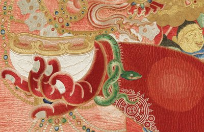 Detalj av kejserlig broderad siden-thangka av Ming Dynasty Chinese School