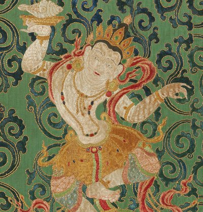 Detalj av kejserlig broderad siden-thangka av Ming Dynasty Chinese School