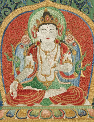 Detalj av kejserlig broderad siden-thangka av Ming Dynasty Chinese School