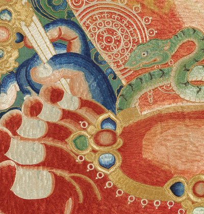 Detalj av kejserlig broderad siden-thangka av Ming Dynasty Chinese School