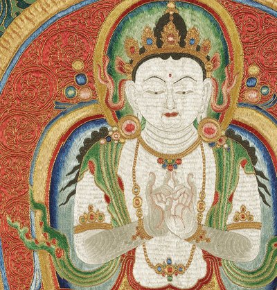 Detalj av kejserlig broderad siden-thangka av Ming Dynasty Chinese School