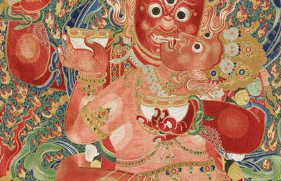 Detalj av kejserlig broderad siden-thangka av Ming Dynasty Chinese School