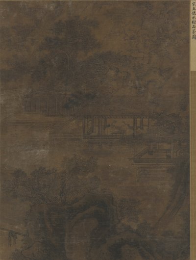 Landskap: två män i en paviljong under träd av Ming Dynasty Chinese School
