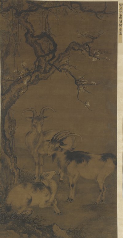 Tre getter under ett blommande plommonträd, 1500-1600-talet av Ming Dynasty Chinese School