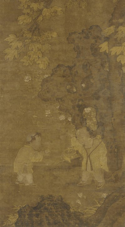 Två pojkar som leker med dockan av ett lejon, 1400-1500-talet av Ming Dynasty Chinese School