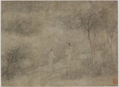 Två män som går i dimmig lund (bläck och färg på papper) av Ming Dynasty Chinese School
