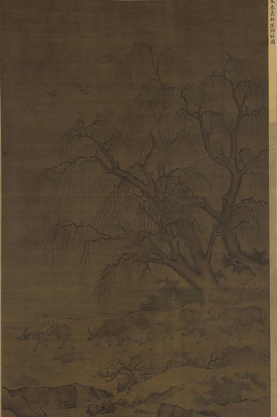 Vattenbufflar och skötare under pilträd av Ming Dynasty Chinese School