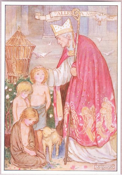 "Vinklar kallar ni dem", sa han. "Nej änglar snarare". St Augustine (färg litho) av Minnie Didbin Spooner