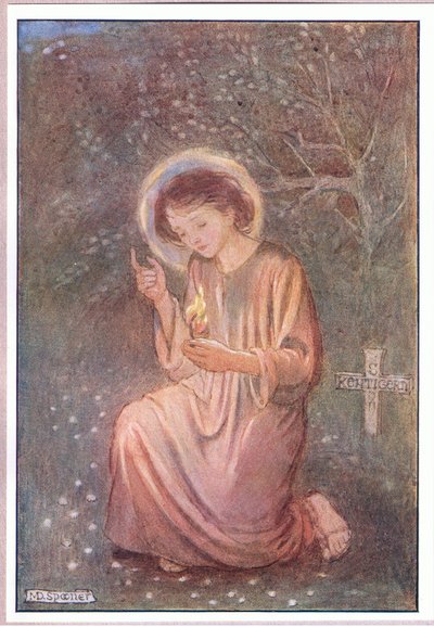 Han knäböjde på det daggiga gräset (färg litho) av Minnie Didbin Spooner