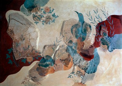 Minoisk konst: "" Blue Bird"" Fragment av fresk av Freskernas hus. 1500 f.Kr. Heraklion, arkeologiska museet, Kreta - minoisk konst: blå fågel. Fragment av fresken som visar en fågel bland stenar, vilda rosor och iris, från Freskernas hus av Minoan