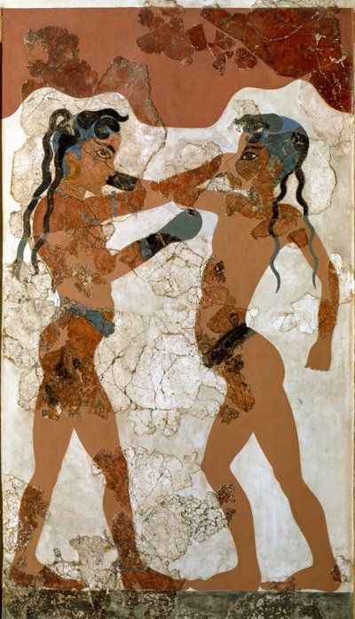 Minoisk konst: "" slåss mellan två boxare""" Fresco från Akrotiri till Santorini. 1500-talet f.Kr. Aten, National Archaeological Museum - Minoisk konst: Minoisk pojkboxning. Fresk från Akrotiri, Santorini 1500-talet f.Kr. Arkeologiska museet, Ath av Minoan