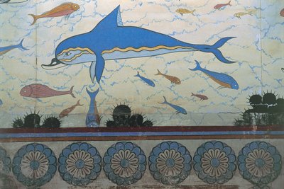 Närbild av en väggmålning i ett palats, Palace Of Minos, Knossos, Kreta, Grekland av Minoan