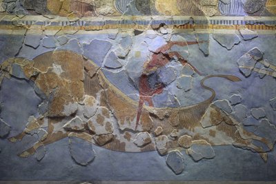 minoisk konst. Fresken "Bull-Leaping". Tjurhoppscen som visar hur denna sport utfördes. Fresken hittades på östra sidan av Knossos palats av Minoan