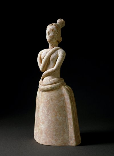 Minoisk konst: terrakottafigur av kvinna i en attityd av dyrkan. Från helgedomen Piskokephalo på Kreta. 1700-1450 f.Kr. Dämpa. 24,6 cm Heraklion, arkeologiskt museum av Minoan