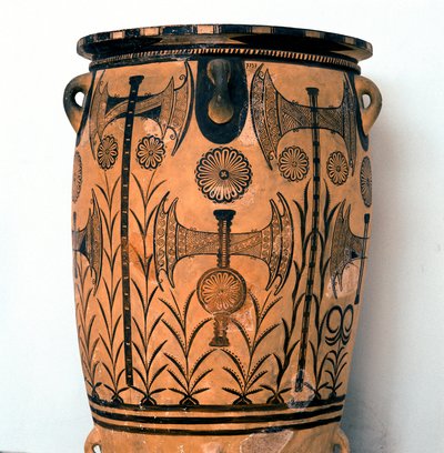 Minoisk konst: terrakottavas från Neopalatiale-perioden dekorerar symboler för gudarna och representationer av himlen och jorden samt dubbelyxan, symbol för den kretensiska civilisationen. Från Knossos (Cnossos) Heraklion, Arkeologiska museet Kreta av Minoan