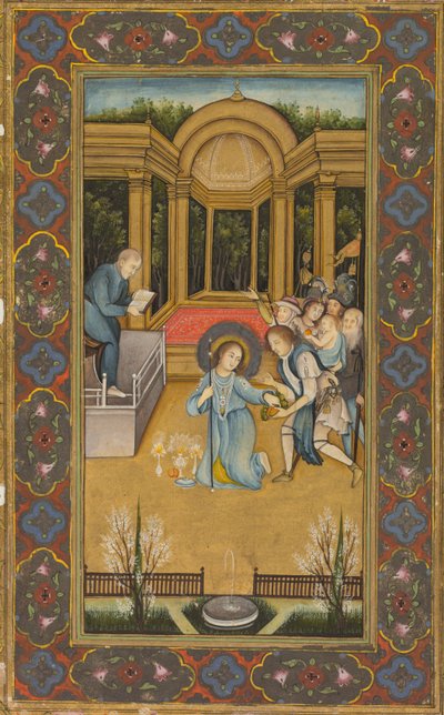 Jesus bland läkarna i templet, ca 1760 (täckande akvarell med guld på papper, blomsterbårder i färg på guldgrund) av Mir Kalan Khan