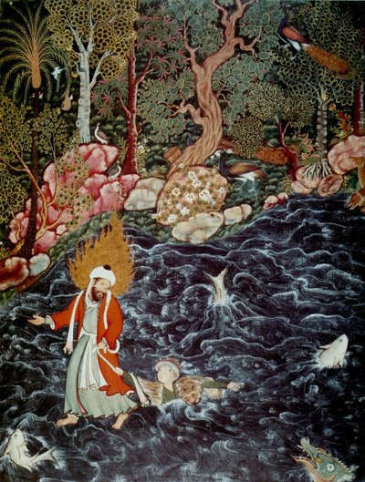 Profeten Elia räddade prins Nur ad-Dahr från Hamzanama, 1562-1577 av Mir Sayyid Ali