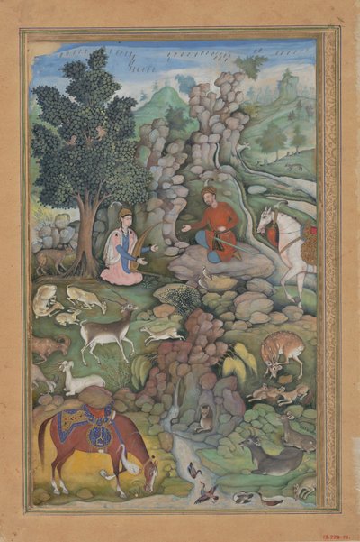 Bahram Gur ser en hjord rådjur fascinerad av Dilarams musik, folio från..., 1597-98. av Miskin