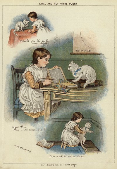 Ethel och hennes vita katt (chromolitho) av Miss Eliza F. Manning