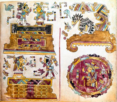 Mixtec civilisation: Mixtec Codex med illustrationer av dagliga aktiviteter - Precolombian konst, blandad civilisation: scenes de vie quotidienne - Detalj av en kopia av Codex Vindobonensis eller wienska codex skickad av Hernan Cortes till Charles V 1519 - av Mixtec Mixtec