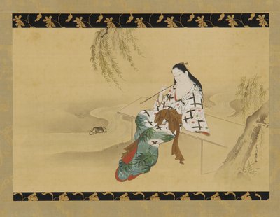 Landskap: en yujo som sitter på en bänk, 1700-tal. av Miyagawa Chōshun