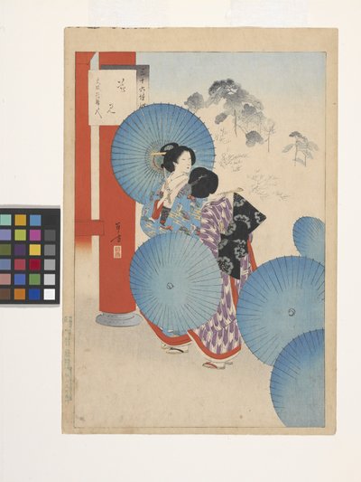 Blomstervisning, Ladies Of The Bunsei Era (träblock i färg) av Mizuno Toshikata