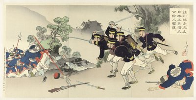 I Chinchon-regionen utvisar fem militäringenjörer mer än hundra kinesiska soldater Chinsen chihô ni gomei no Nihon kôhei Shinhei hyakuyonin kitai av Mizuno Toshikata