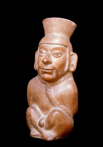 Precolombiansk konst, Mochic civilisation (ful, mochica): antropomorf terrakottaflaska som föreställer en fånge före hans offer (han bär ett rep runt halsen och händerna bundna i ryggen). 200 f.Kr.-700 e.Kr. Lima, Nationalmuseet för antropologi och av Moche Moche