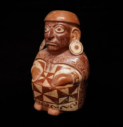 Precolombiansk konst, mochic civilisation (ful): vas som representerar "" Textilen" - 200 BC-700 AD. Lima, Nationalmuseet för antropologi och arkeologi, Peru - förcolumbiansk konst, Moche-civilisation (Mochica-kultur), antropomorfisk flaska: representation av Moche Moche
