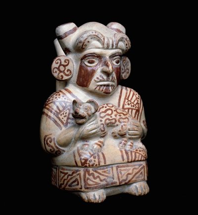 Pre-colombiansk konst, moche civilisation (ful, mochica): en Mochica-hövding med en katt i famnen. Antropomorf lervas. 200 f.Kr.-700 e.Kr. Lima, Nationalmuseet för antropologi och arkeologi, Peru av Moche Moche