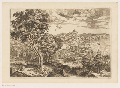 Kustlandskap med flygande fåglar Landskap efter Titian (serietitel) av Moise Jean Baptiste Fouard