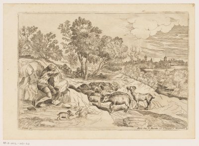 Landskap med tre herdar som vilar med en flock Landskap efter Titian (serietitel) av Moise Jean Baptiste Fouard