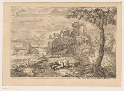 Landskap med en vilande herde, i bakgrunden en flod med bro och vattenkvarn Landskap efter Titian (serietitel) av Moise Jean Baptiste Fouard