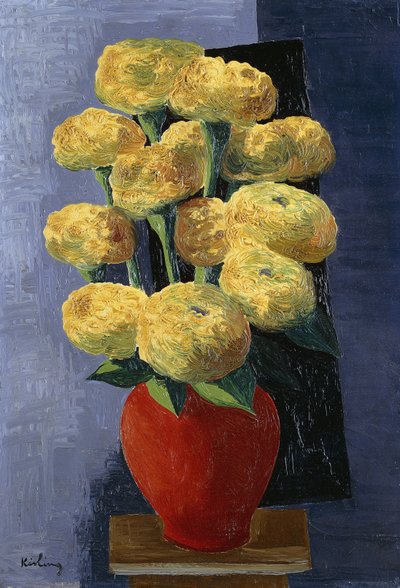 Gula blommor i en röd vas; Fleurs Jaunes dans un Vase Rouge av Moise Kisling