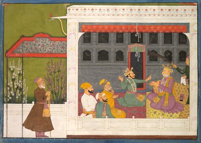 Shishupal argumenterar med Rukminis far, Bhishmaka, sida från en Rukmani Mangal-serie, ca. 1800. av Mola Ram