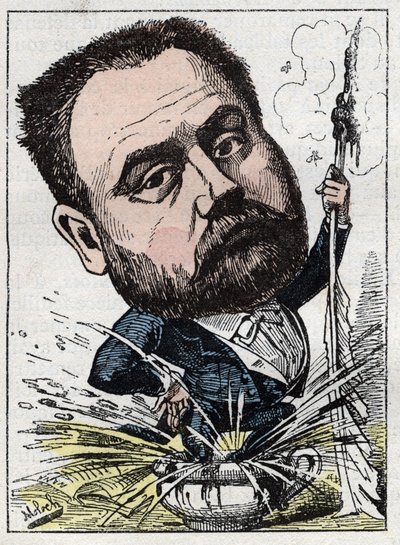 Porträtt av Emile Zola (1840-1902) fransk författare i "" Le Trombinoscope"" av Touchatout, karikatyr av B. Moloch från 1882 (1849-1909). Privat samling. av Moloch