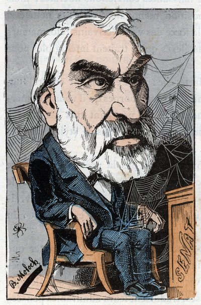 Eugene Pelletan (1813-1884), fransk litteraturjournalist och politiker i "Le Trombinoscope"" av Touchatout, tecknad av B. Moloch från 1882 (1849-1909). Privat samling. av Moloch