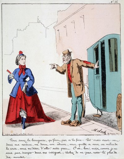 HAN. EX. EX. Motoredons: Tecknad film om transporter i staden. Kusken tillrättavisar en borgare som går till parken medan hennes man bad chauffören att köra henne till en annan plats. Teckning av Moloch (1849-1909), omkring 1860. av Moloch