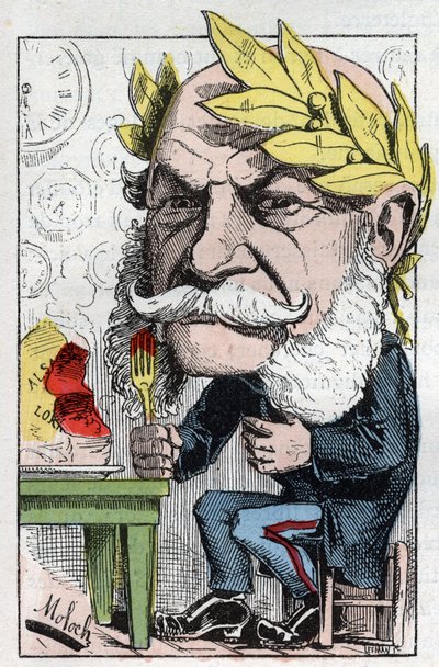 Porträtt av Vilhelm I (1797-1888), kung av Preussen och kejsare av Tyskland i "Trombinoskopet"" av Touchatout, karikatyr av B. Moloch från 1882 (1849-1909). Privat samling. av Moloch