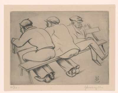 Tre män på en bänk av Mommie Schwarz (signed by artist)