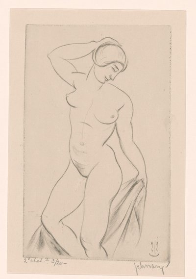 Naken kvinna med handen på huvudet av Mommie Schwarz (signed by artist)