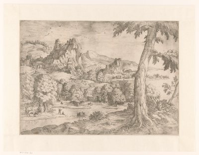 Panoramalandskap med stort träd av Monogrammist DB (etser 16de eeuw)
