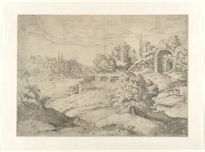 Brett landskap med klassiska tempel av Monogrammist DB (etser 16de eeuw)